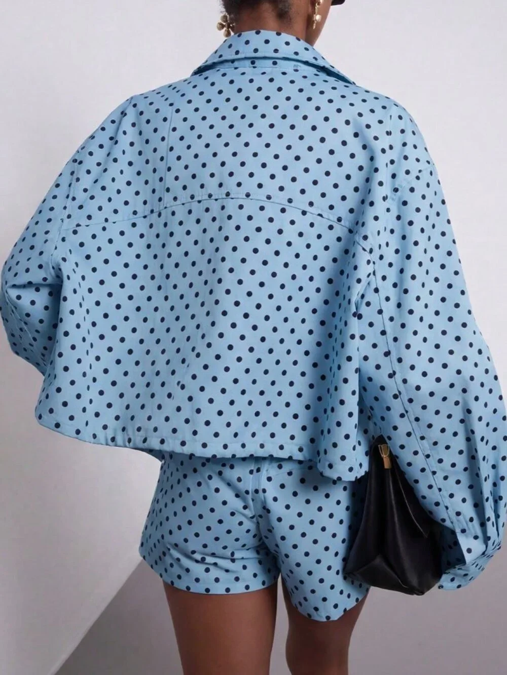Sky Blue Casual Women's Polka Dot Stand Collar Bomber Jacket_2
